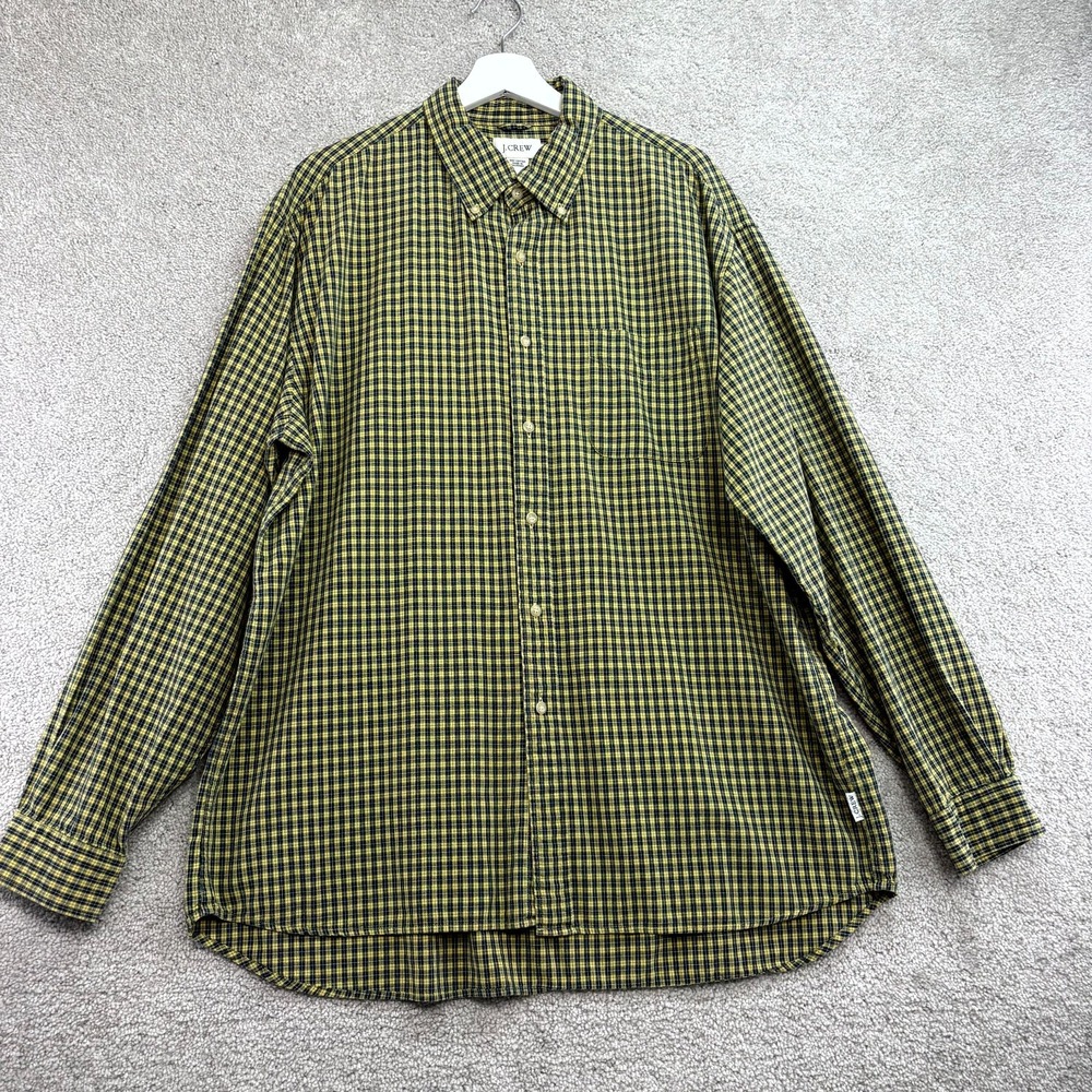 J.Crew Shirt‎ Mens XL Yellow Green Black Plaid Cotton Pleated Outdoor Preppy